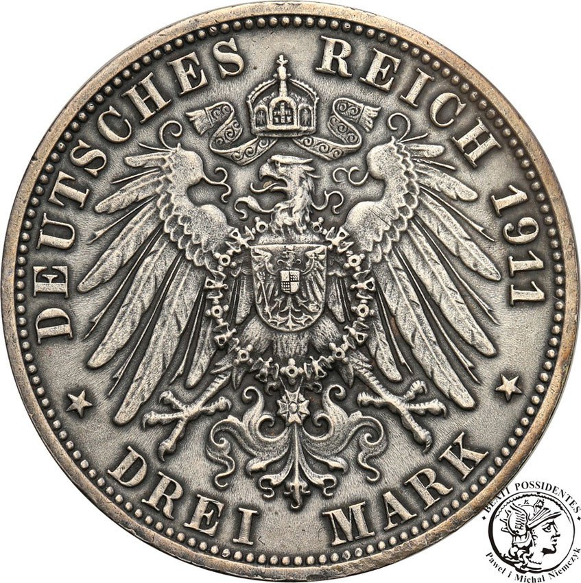 Niemcy, Wirttembergia. 3 marki 1911 F